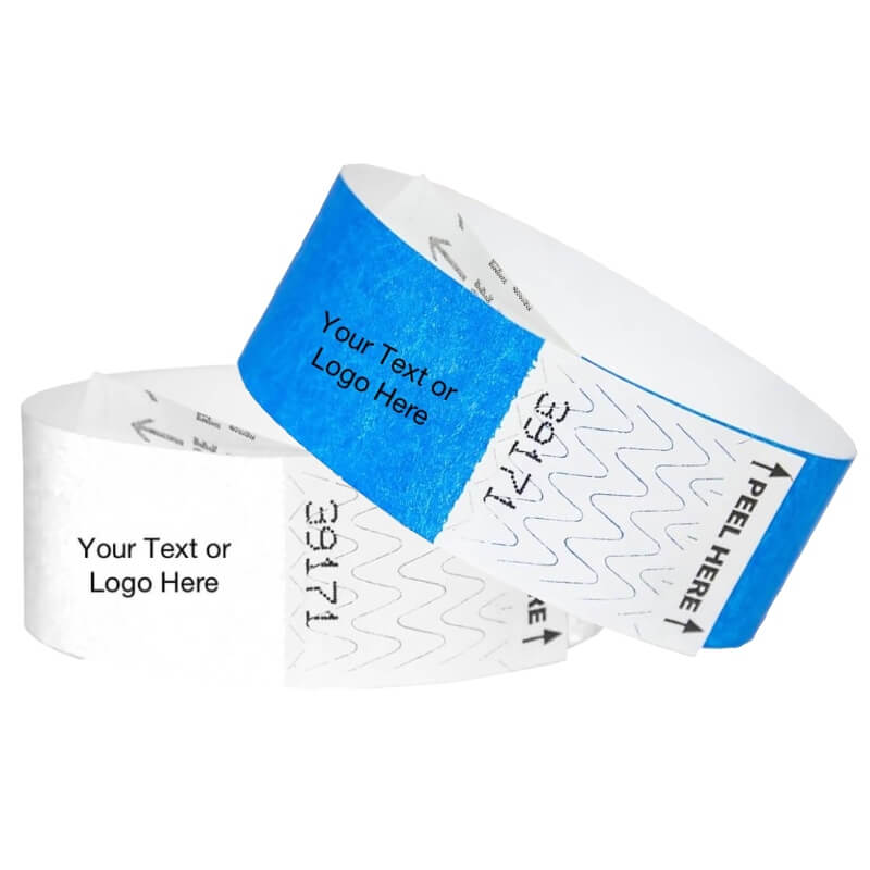 tyvek 1" solid litter free wristbands in white and neon blue with a placeholder to show where you can customize your wristbands