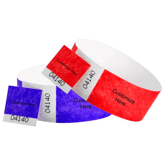 tyvek 1" detachable stub wristbands in neon red and purple. shown with a placeholder for customizing your wristband