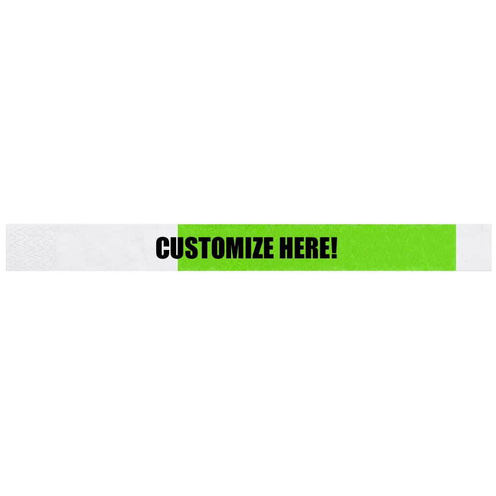 Tyvek 1" half flood wristband 1" in neon green with black text "CUSTOMIZE HERE!" - shown in flat 