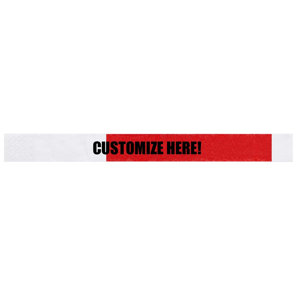 Tyvek 1" half flood wristband 1" in neon red with black text "CUSTOMIZE HERE!" - shown in flat 
