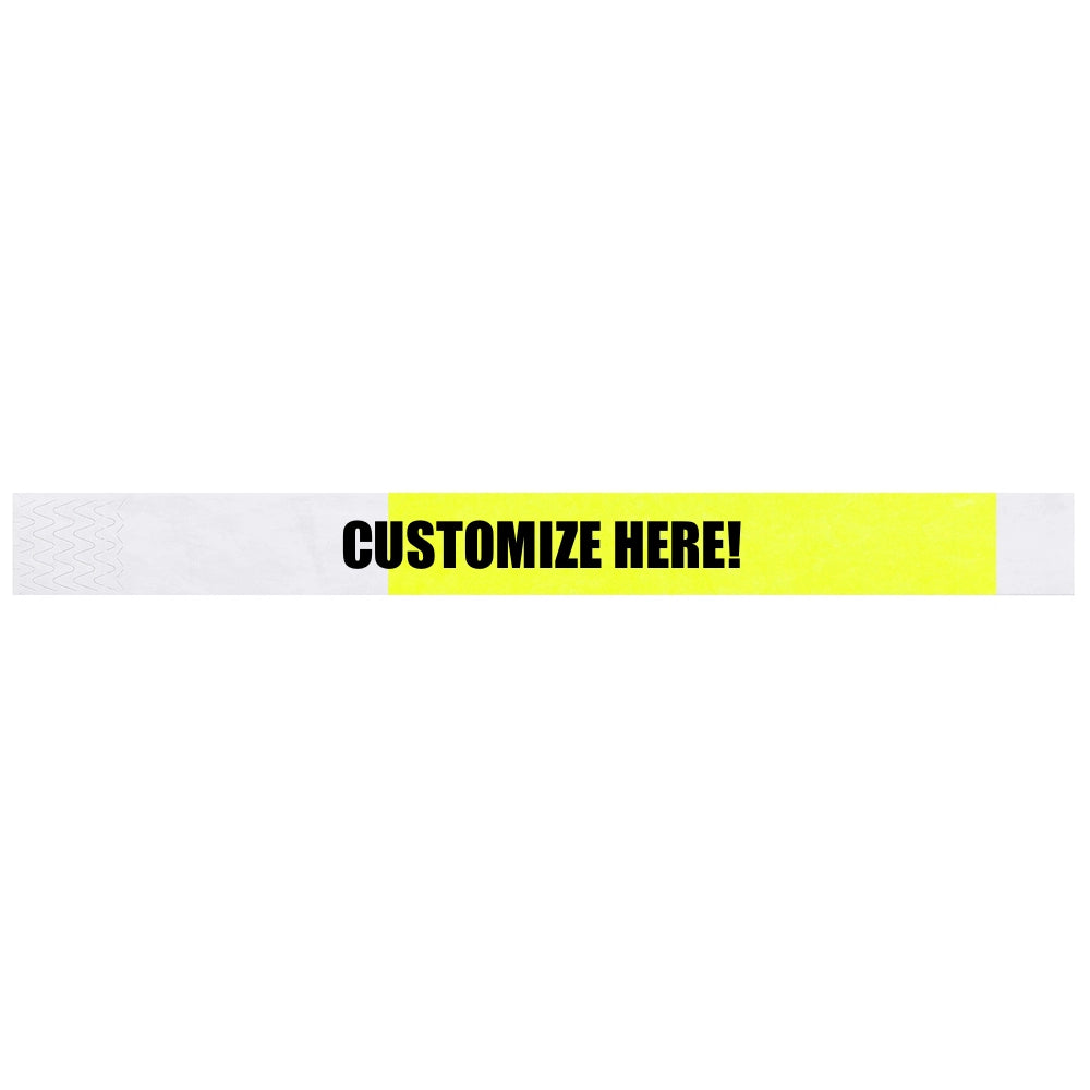 Tyvek 1" half flood wristband 1" in neon yellow with black text "CUSTOMIZE HERE!" - shown in flat 
