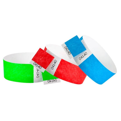 tyvek 1" detachable stub wristbands in neon green, neon red and neon blue