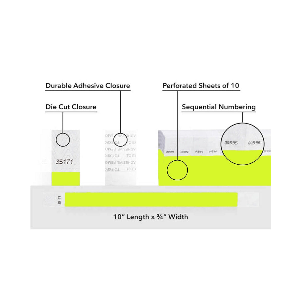 detailed information about product showing a durable die cut adhesive closure, sequential numbering and perforated sheets of 10 on tyvek 3/4" wristbands shown in solid lime green