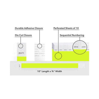 detailed information about product showing a durable die cut adhesive closure, sequential numbering and perforated sheets of 10 on tyvek 3/4" wristbands shown in solid lime green