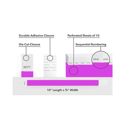detailed information about product showing a durable die cut adhesive closure, sequential numbering and perforated sheets of 10 on tyvek 3/4" wristbands shown in solid pantone purple