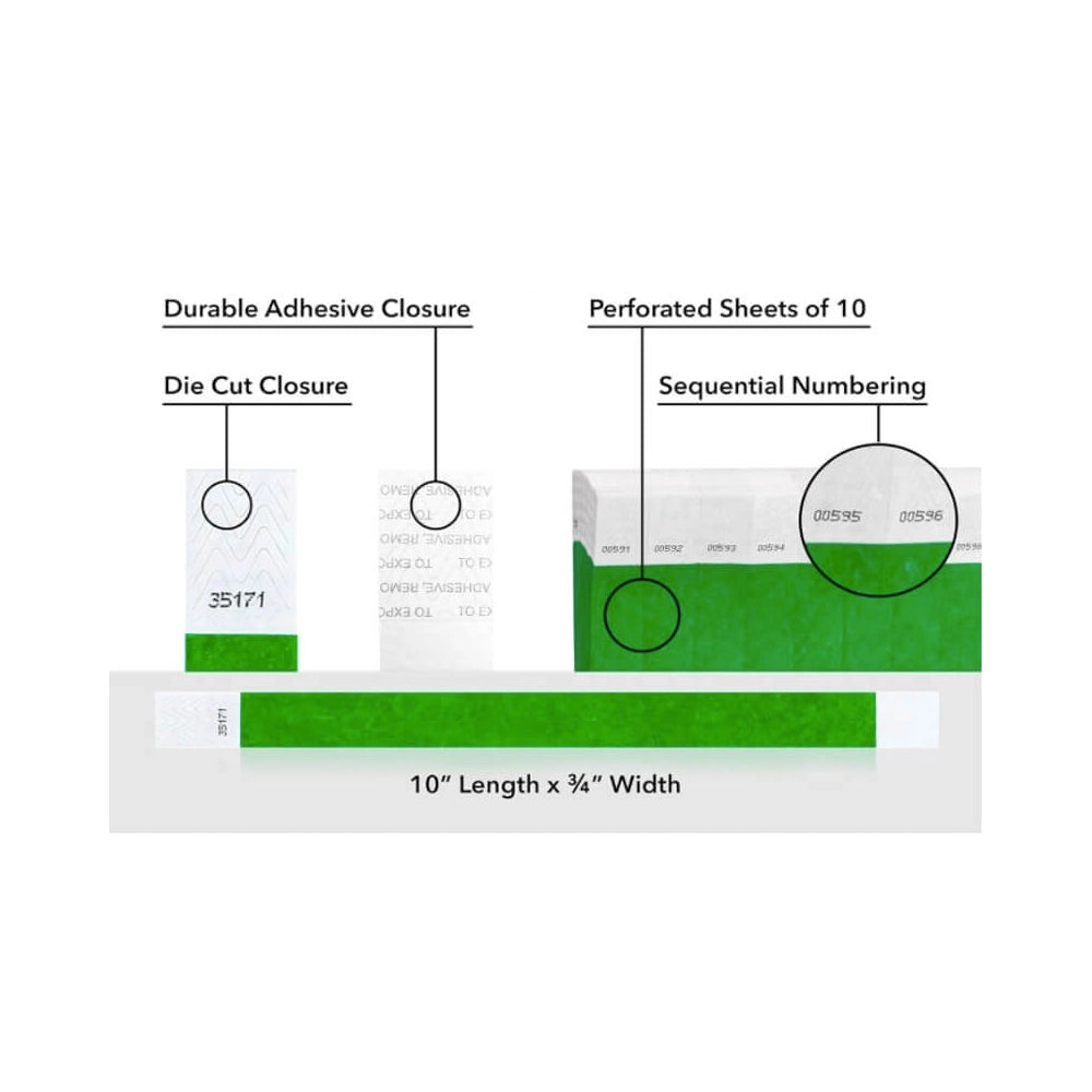 detailed information about product showing a durable die cut adhesive closure, sequential numbering and perforated sheets of 10 on tyvek 3/4" wristbands shown in solid kelly green 