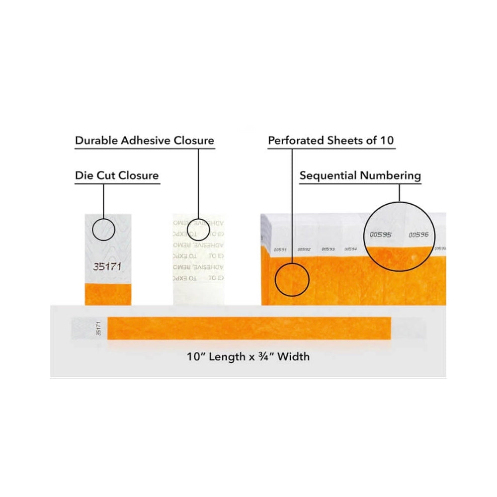 detailed information about product showing a durable die cut adhesive closure, sequential numbering and perforated sheets of 10 on tyvek 3/4" wristbands shown in solid neon orange 