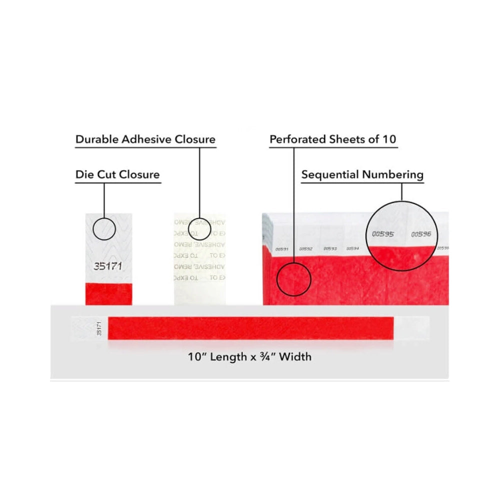 detailed information about product showing a durable die cut adhesive closure, sequential numbering and perforated sheets of 10 on tyvek 3/4" wristbands shown in solid neon red 