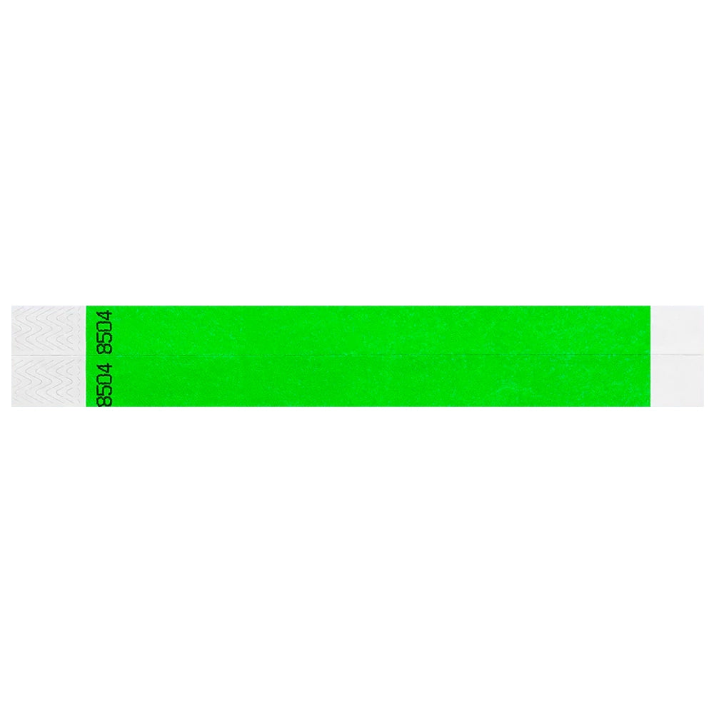 duplicate number sets in neon green tyvek 3/4" wristbands - shown in flat 