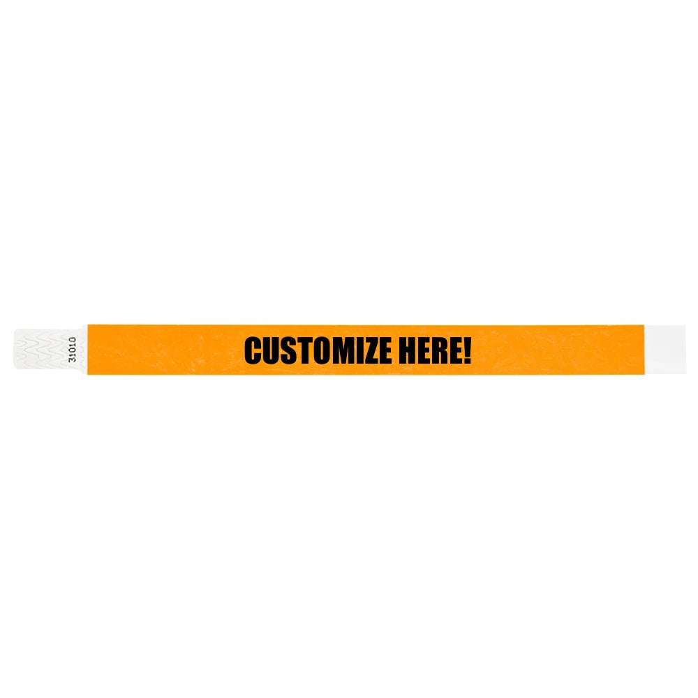 Neon orange tyvek qwik fit wristband with text "CUSTOMIZE HERE!" in black - shown in flat 