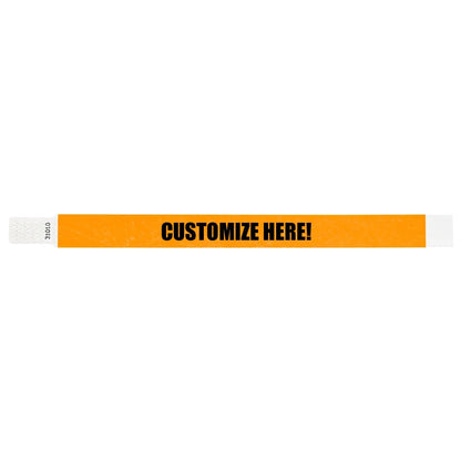 Neon orange tyvek qwik fit wristband with text "CUSTOMIZE HERE!" in black - shown in flat 