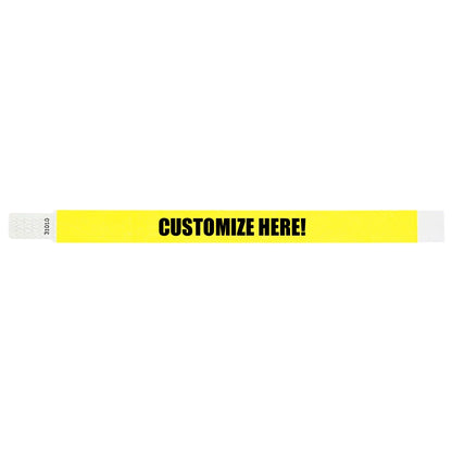 Neon yellow tyvek qwik fit wristband with text "CUSTOMIZE HERE!" in black - shown in flat 