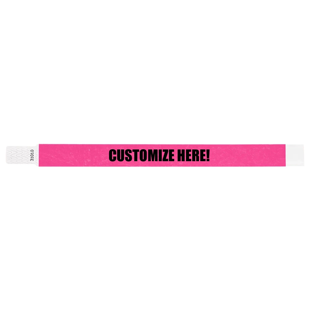 Neon pink tyvek qwik fit wristband with text "CUSTOMIZE HERE!" in black - shown in flat 