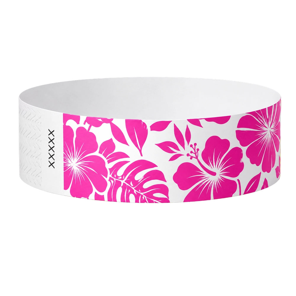 Tyvek 3/4 wristband in white with pink flowers printed on the band - shown in round 