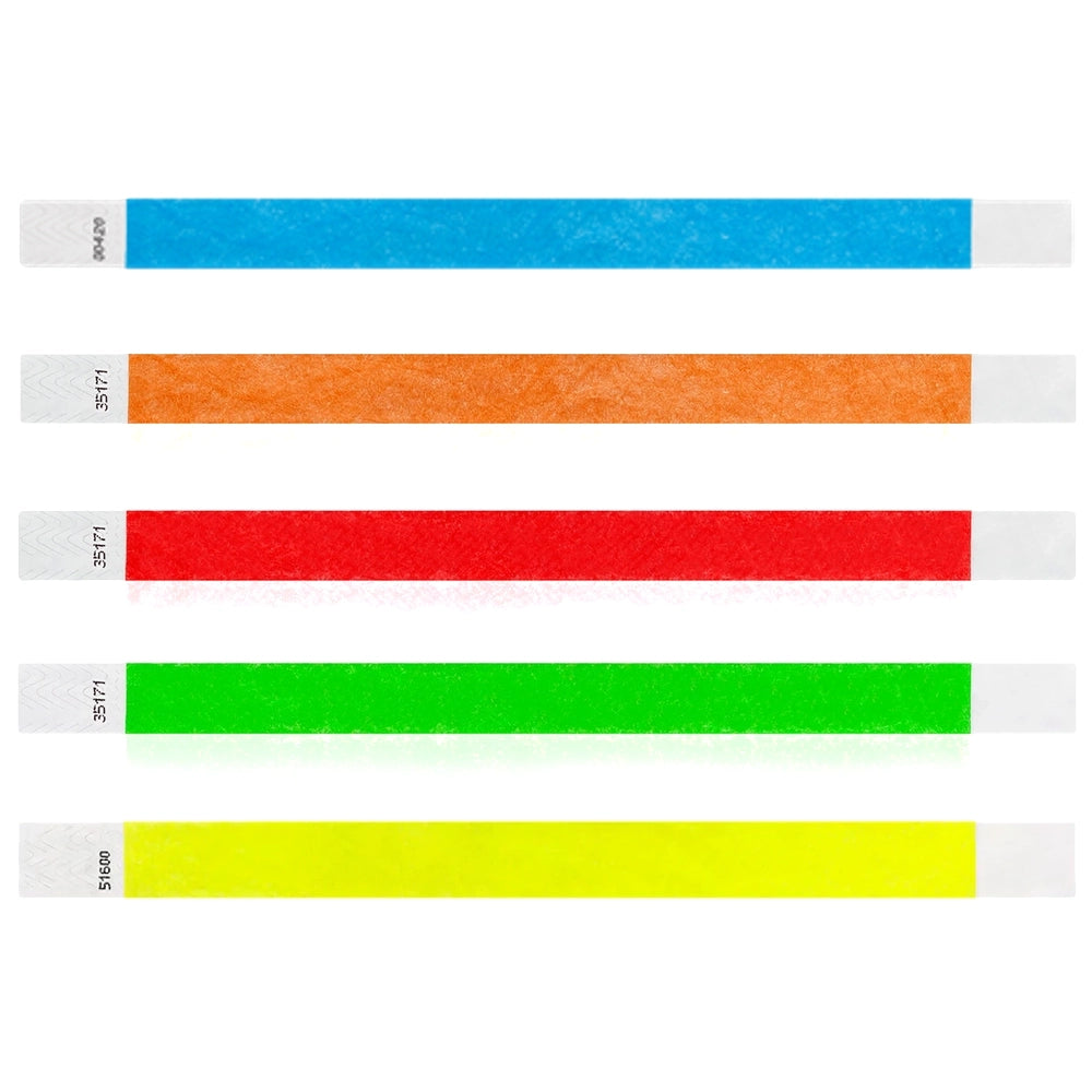 Tyvek wristbands shown in five colours - neon blue, neon orange, neon red, neon green and neon yellow - flat version shown 