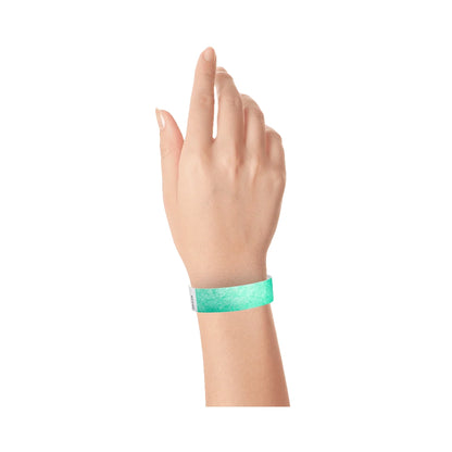 Aqua tyvek wristband on wrist 