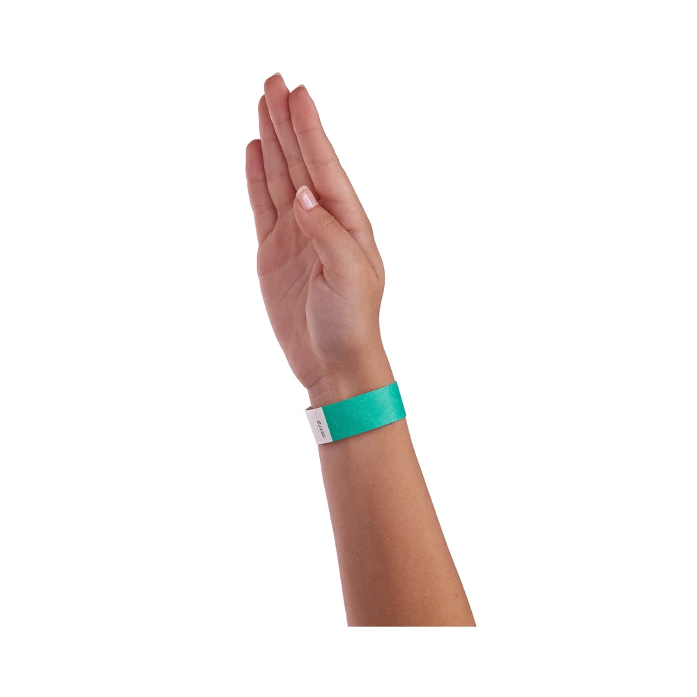 Caribbean blue tyvek wristband on wrist 