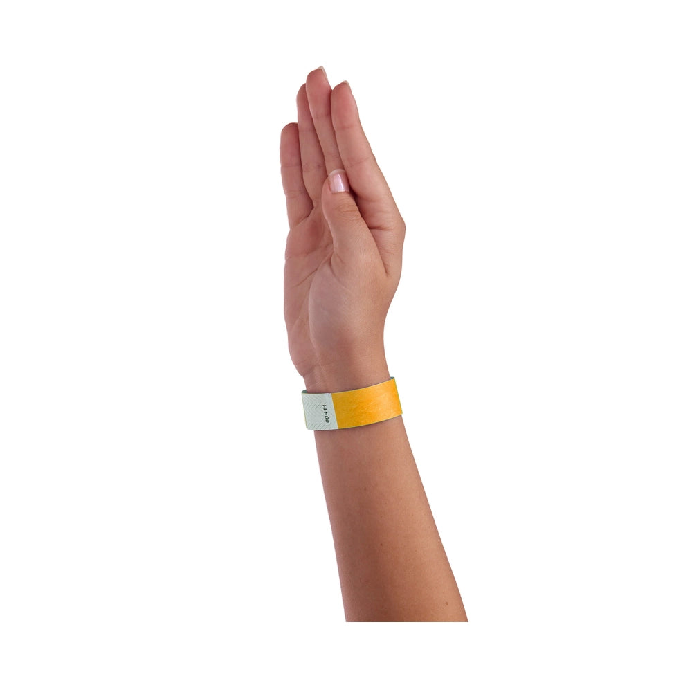 Goldenrod tyvek wristband on wrist 