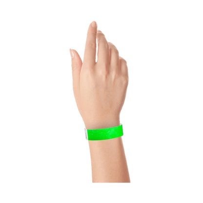 Neon Green tyvek wristband on wrist 