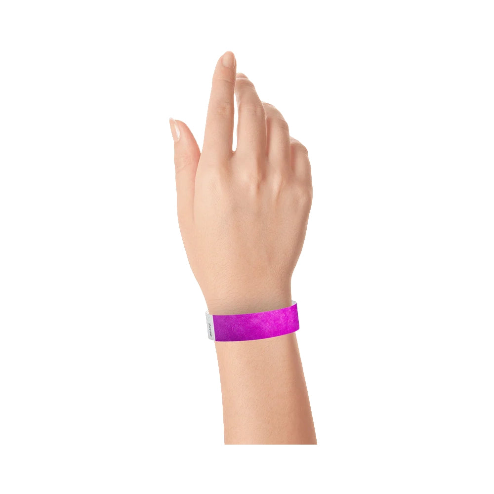 Panttone purple tyvek wristband on wrist 