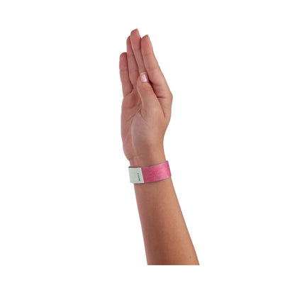 Cranberry tyvek wristband on wrist 