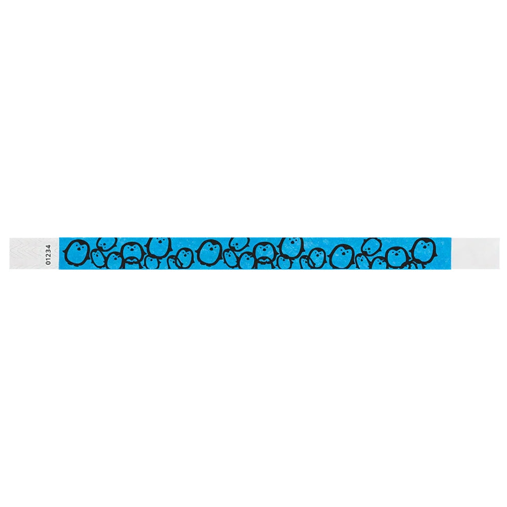neon blue Tyvek Wristband with black penguins - flat version shown