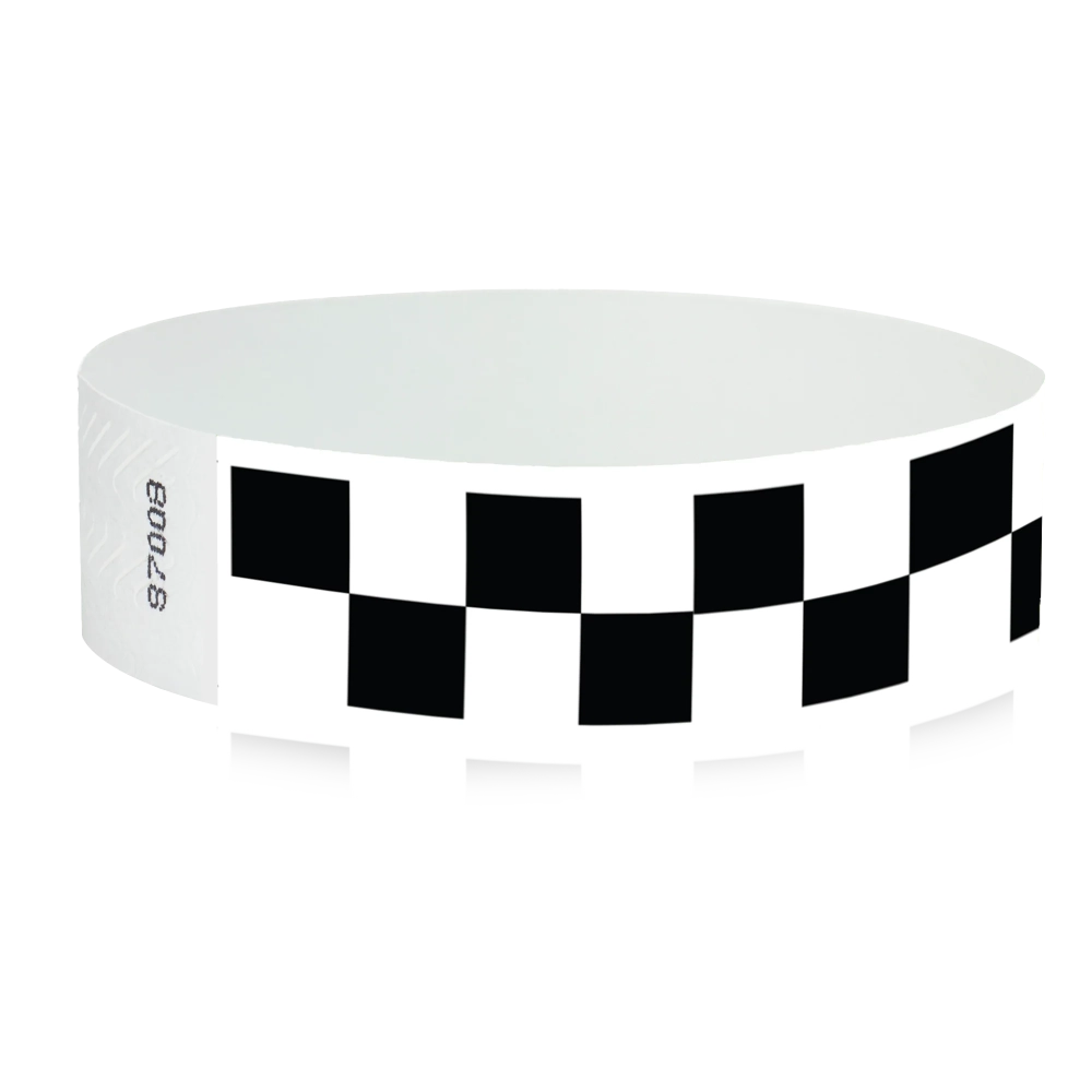 White tyvek wristband with black checkerboard pattern - round version shown