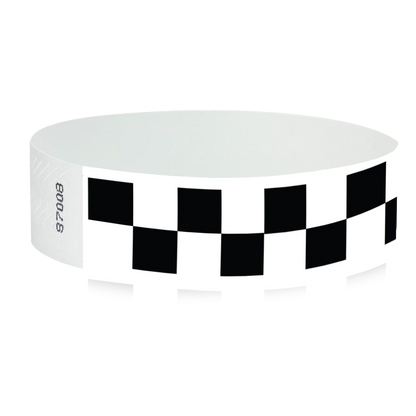 White tyvek wristband with black checkerboard pattern - round version shown