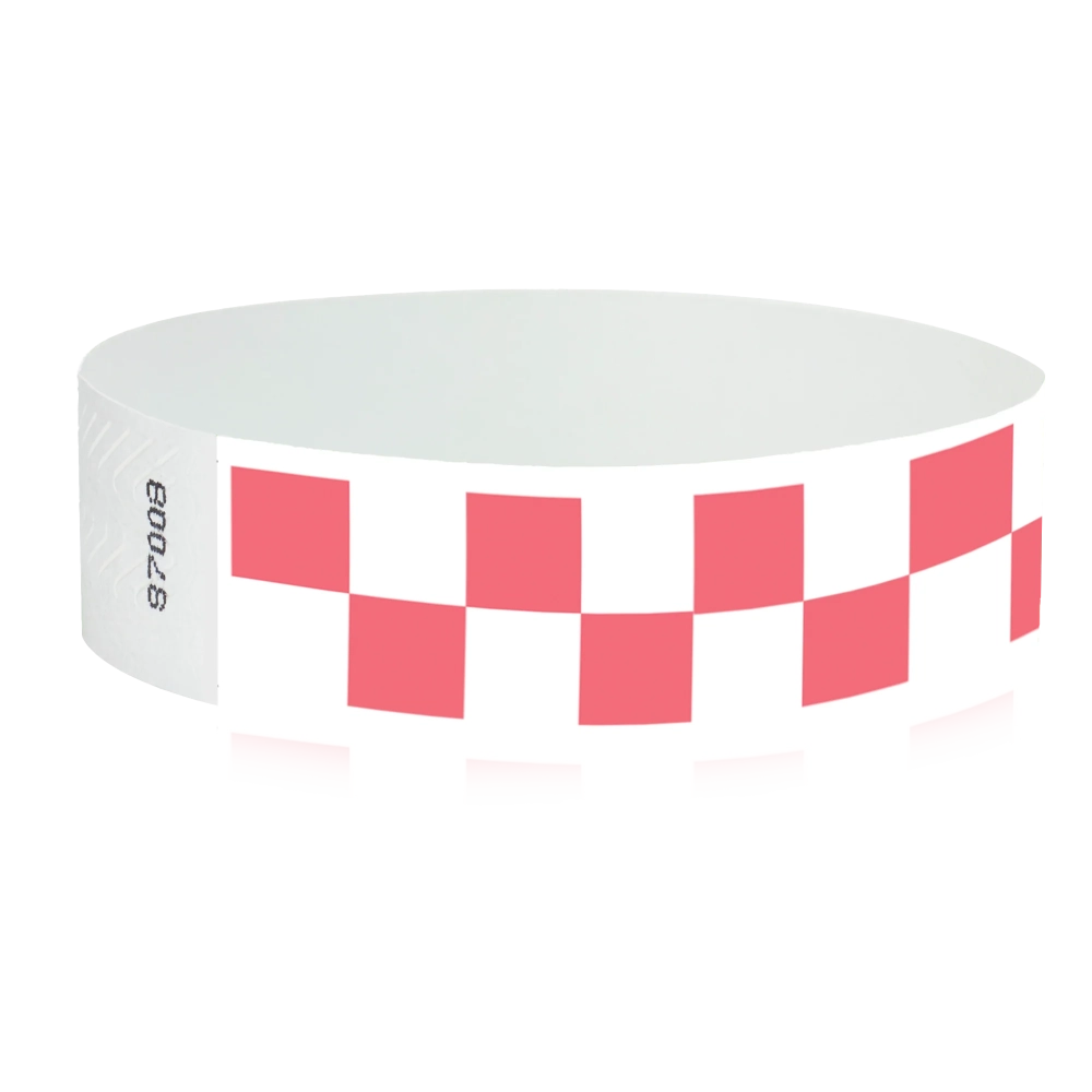 White tyvek wristband with coral red checkerboard pattern - round version shown