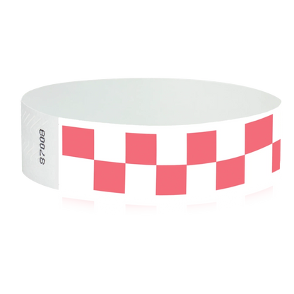 White tyvek wristband with coral red checkerboard pattern - round version shown
