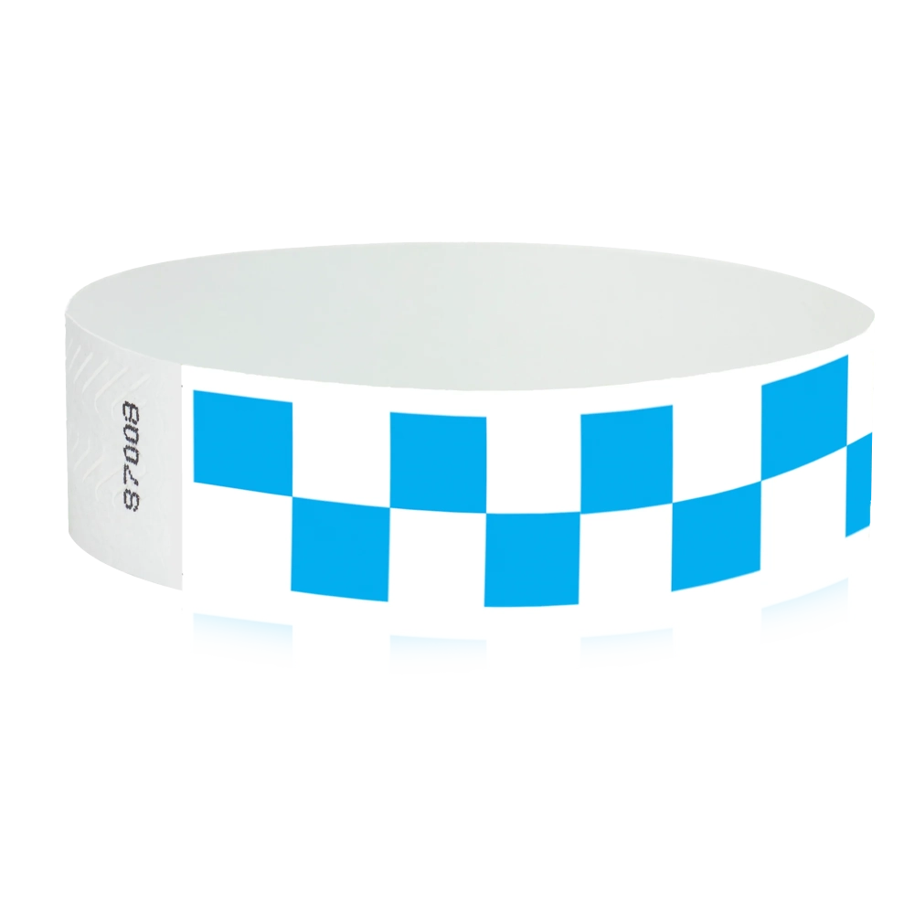 White tyvek wristband with neon blue  checkerboard pattern - round version shown