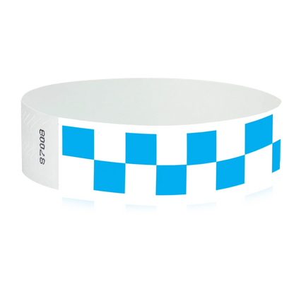 White tyvek wristband with neon blue  checkerboard pattern - round version shown