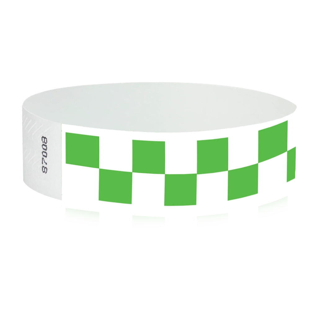 White tyvek wristband with neon green checkerboard pattern - round version shown