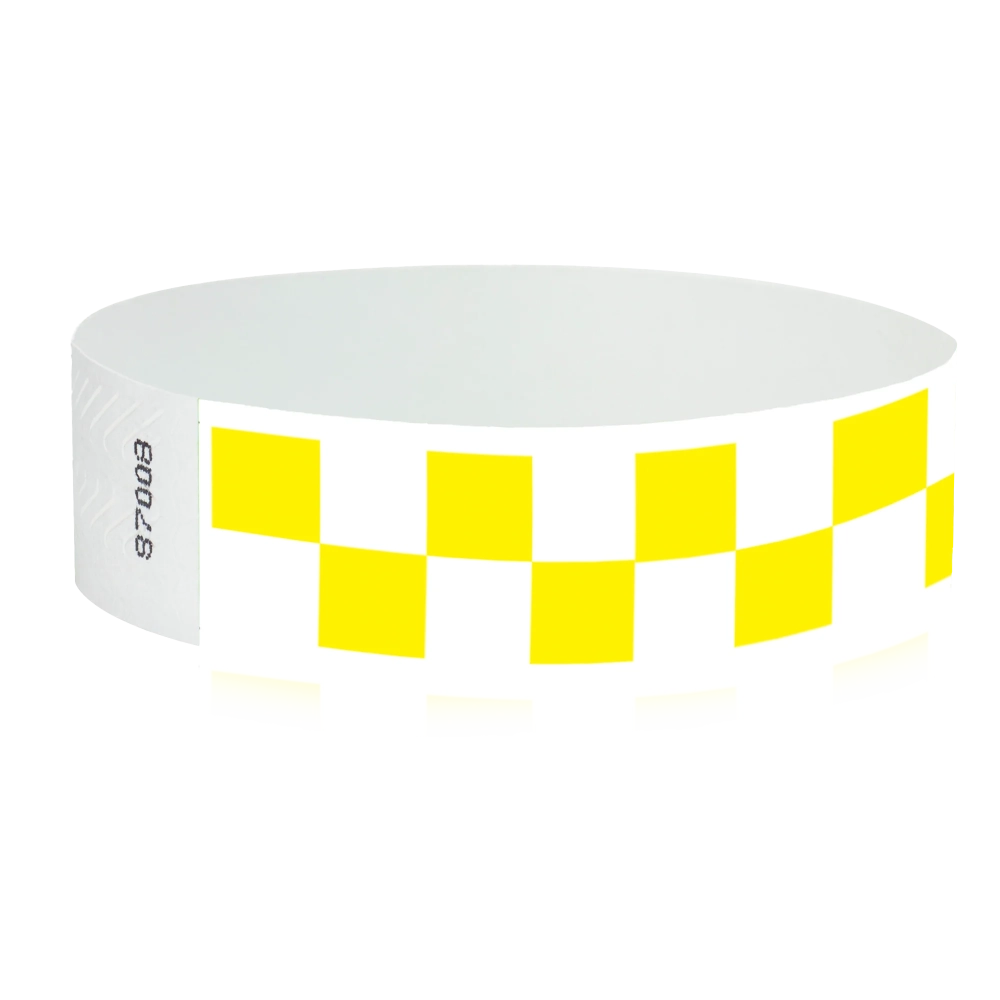 White tyvek wristband with neon yellow checkerboard pattern - round version shown