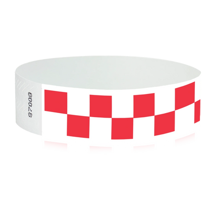 White tyvek wristband with neon red checkerboard pattern - round version shown