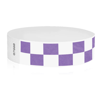 White tyvek wristband with purple checkerboard pattern - round version shown