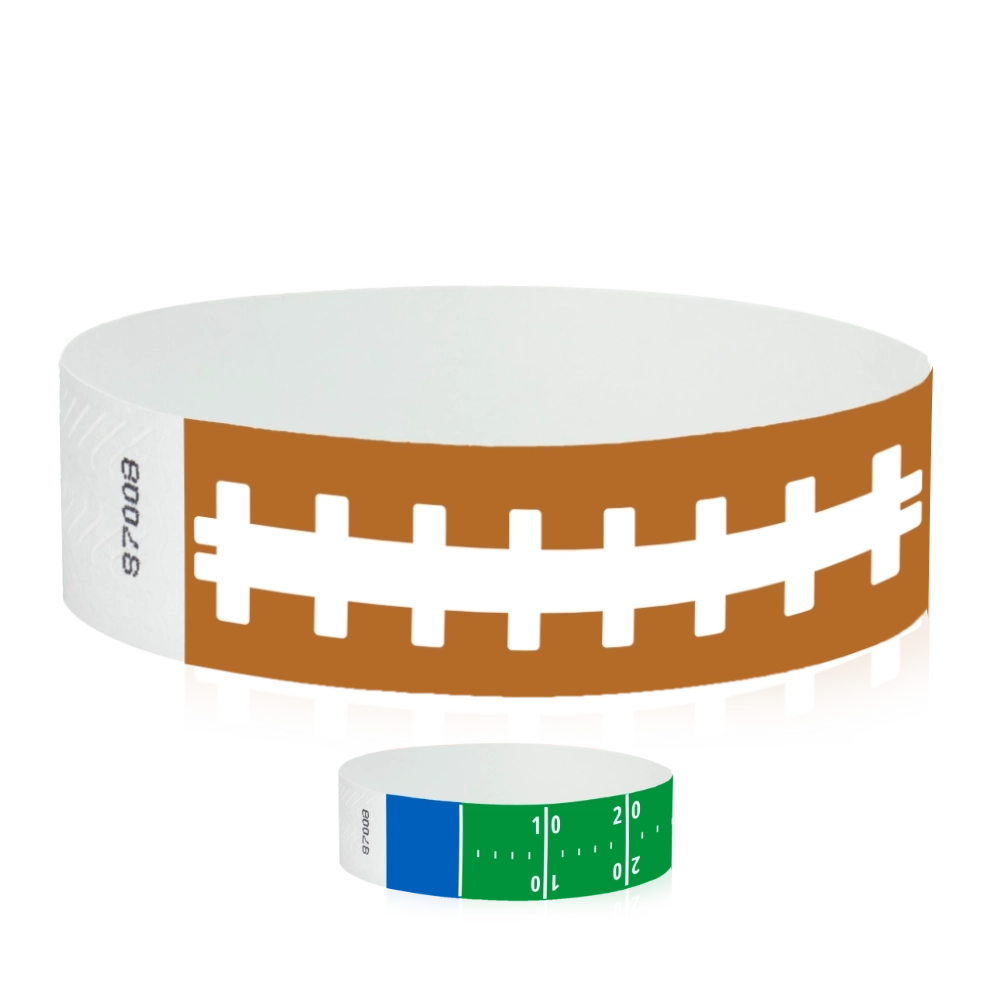 tyvek 3/4" wristbands in a football pattern and football field pattern