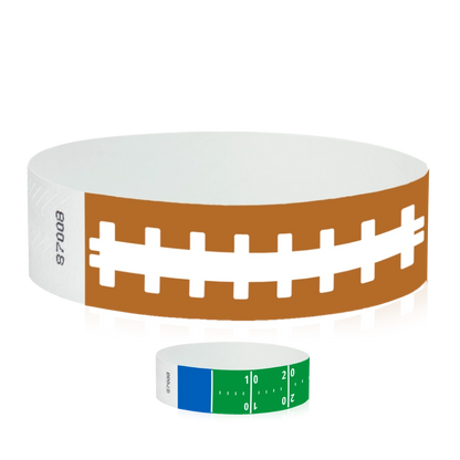 tyvek 3/4" wristbands in a football pattern and football field pattern