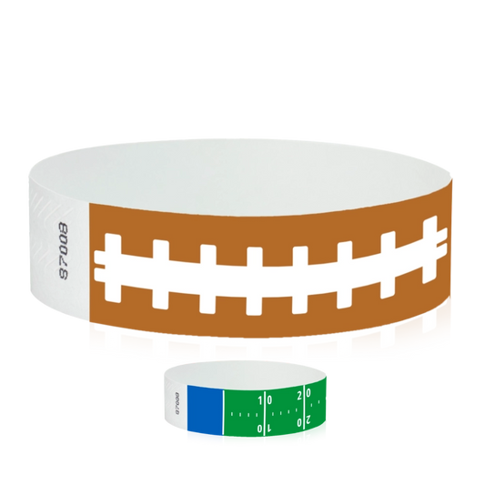 tyvek 3/4" wristbands in a football pattern and football field pattern