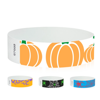 tyvek 3/4" wristbands - halloween patterns: bats, spooky spiders, spider webs and pumpkin patch