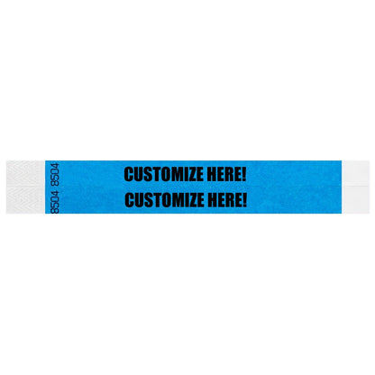 duplicate number sets in neon blue tyvek 3/4" wristbands with text "CUSTOMIZE HERE!" IN BLACK - shown in flat 