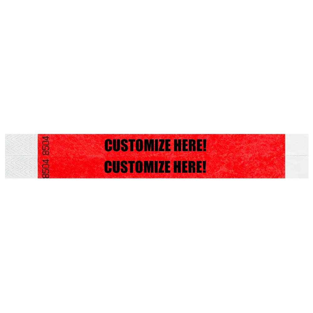 duplicate number sets in neon red tyvek 3/4" wristbands with text "CUSTOMIZE HERE!" IN BLACK - shown in flat 