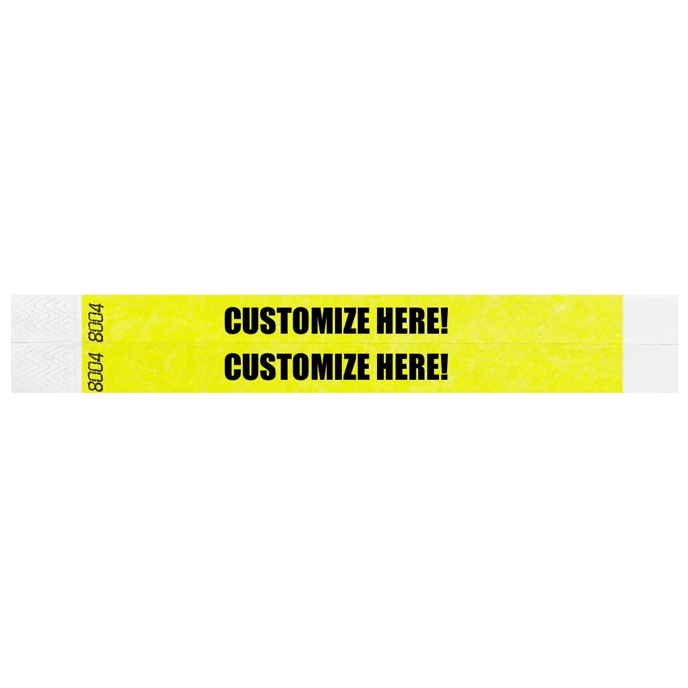 duplicate number sets in neon yellow tyvek 3/4" wristbands with text "CUSTOMIZE HERE!" IN BLACK - shown in flat 