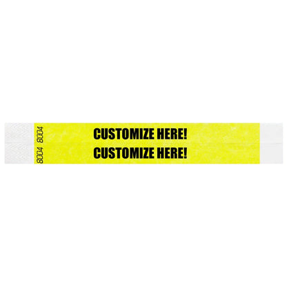 duplicate number sets in neon yellow tyvek 3/4" wristbands with text "CUSTOMIZE HERE!" IN BLACK - shown in flat 
