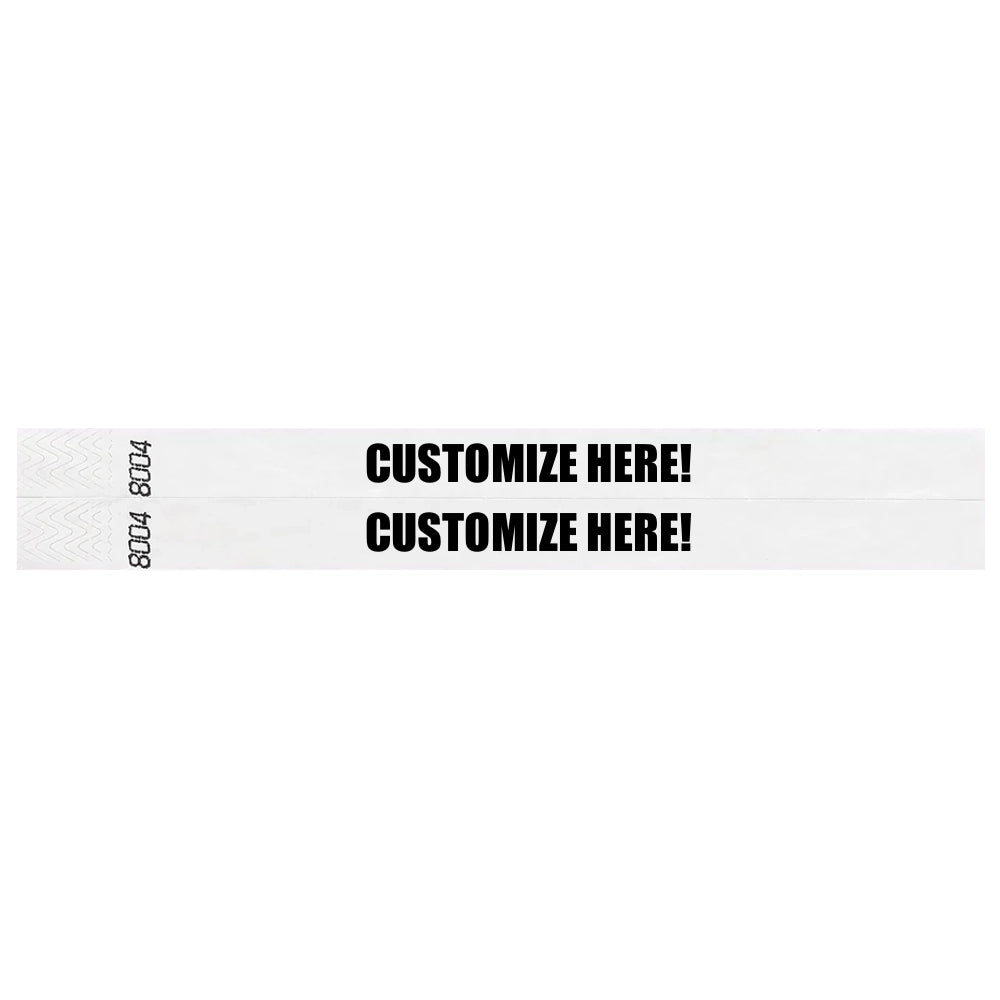 duplicate number sets in white tyvek 3/4" wristbands with text "CUSTOMIZE HERE!" in black - shown in flat 
