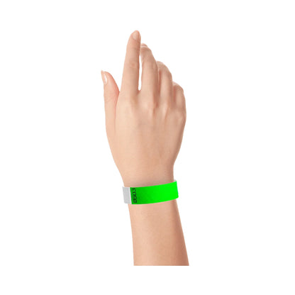Wrist wearing tyvek duplicate number wristband in neon green 