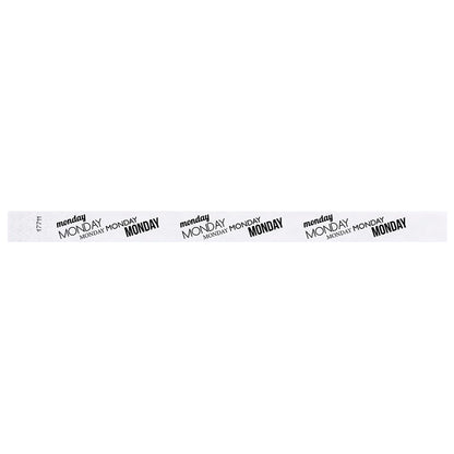 white tyvek wristband with monday text in black ink - flat version shown