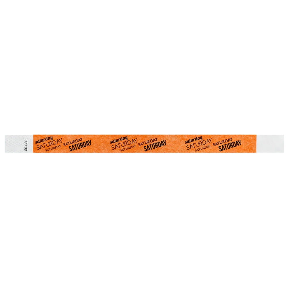 neon orange tyvek wristband with saturday  text in black ink - flat version shown