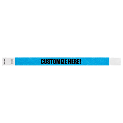 Neon blue litter free tyvek wristband with text "customize here!" in black - shown in flat 