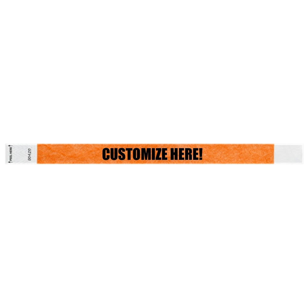 Neon orange litter free tyvek wristband with text "customize here!" in black - shown in flat 